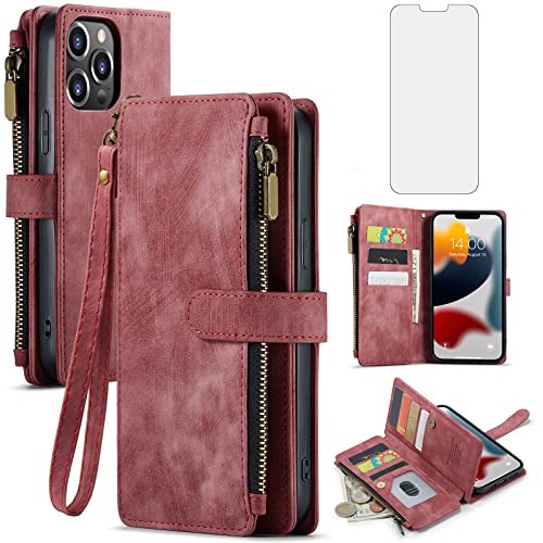 Coque iPhone 13 Pro Max portefeuille en cuir rouge avec porte-carte et vitre