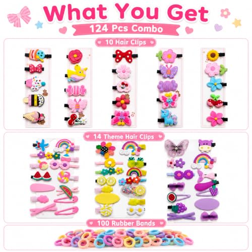 Image of 124 Pcs Hair Accessories for Kids Girls | Cute Baby Hair Clips & Theme Hair Clips with Rubber Bands Combo | Hair Accessories for Baby Girl | Kids Hair Clips Set | Mixed Designs