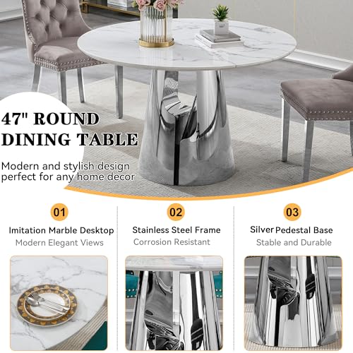 Image of 7-Piece Round Dining Table Set for 6, Modern Faux Marble Kitchen Table and Beige Velvet Chairs Set of 6, Luxury 45 inch Circle White Silver Dining Room Tables with Stainless Steel Base