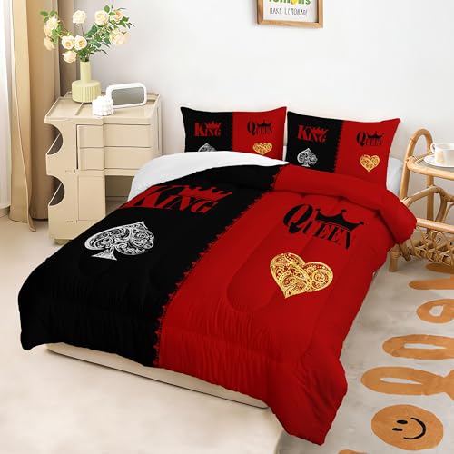 Image of AILONEN Red and Black Comforter Set Queen Size,3-Piece Crown K & Q Printed Couple Bedding Set,Bedroom Decor Soft Microfiber Comforter with 2 Pillowcases