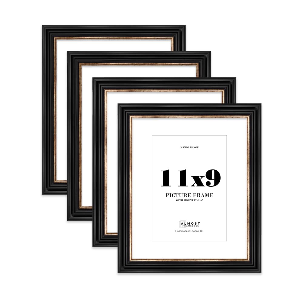 11x9" Black and Gold Picture Frame - 11x9" Frame with A5" Mount for 11x9"/A5" Pictures Vintage Style Wall Art, 4 Pack