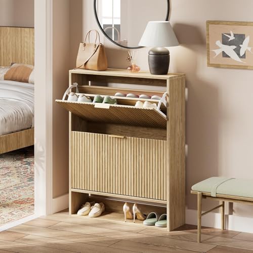 Image of Evermagin 31.5''W Oak Shoe Cabinet Storage for Entryway, Fluted Slim Shoe Dresser with 2 Flip Drawers, Narrow Shoe Rack Cabinet, Hidden Shoe Organizer Cabinet for Entrance, Hallway