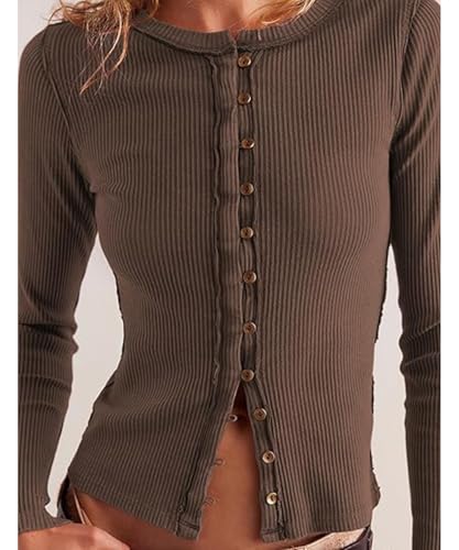 Image of Women's Slim Fitted Cardigan Ribbed Knit Long Sleeve Button Down Shirt Crewneck Y2K Blouse Tops,Coffee,S