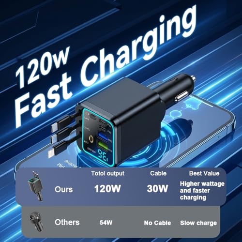 Image of STHIRA 120W Fast Car Charger Type C with Retractable Cables 7 in 1 Multi-Port USB-A & USB-C PD Charging Station LED Voltage Display Starry Ambient Light Car Charger Socket