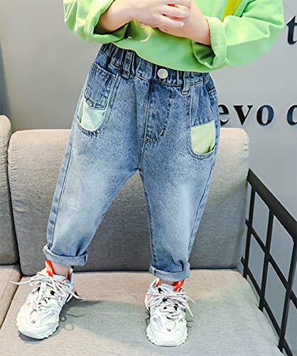 Kidscool Space Calça jeans azul claro para bebês e meninas, decoração colorida, patchwork, processam