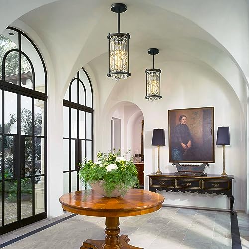 Image of LMQNINE Modern Black Pendant Light Fixtures for Kitchen Island, Crystal Chandelier Lights Fixture, Adjustable Farmhouse Pendant Lighting for Dining Room Bedroom (Round 1-Light)