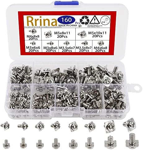 Rrina 160Pcs M3 M3.5 M4 M5 Terminal Block Screws Assortment Kit with Square Washers, Nickel Plated Carbon Steel, Silver