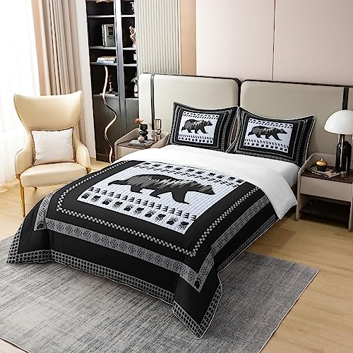 Bear 100% Cotton Duvet Cover Set King for Girls Boys Kids Bear Paw Print Bedding Set Men Women Room Decorative Wild Animal Comforter Cover Set Retro Wildlife Bedspread Cover Black White Bedcothes - Image 2