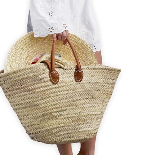 PANIER FRANÇAIS avec doubles anses en cuir, Élégance et Praticité Réunies pour Vos Promenades Chic! sac de paille, sac de plage, panier de courses, Cabas en osier écologique