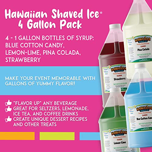 Hawaiian Shaved Ice Syrup Gallon 4-Pack, Blue Cotton Candy, Strawberry, Pina Colada, Lemon-Lime, For Slushies, Italian Soda, Seltzers, Popsicles, & More, No Refrigeration Needed, Allergy-Friendly #TOP1