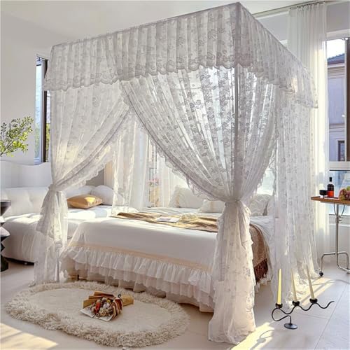 TPTBON Lace Canopy Bed Curtains Three-Door Lace Mosquito Net Bed Curtain Canopy Floor-Length Canopy Bed Drapes Elegant Privacy Bed Net for Bedroom(White W59 x L78.7in)
