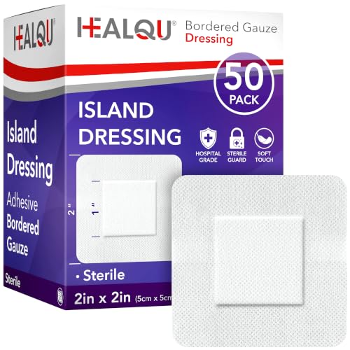 HEALQU Bordered Gauze Island Dressing - 50 Count 2 x 2 Sterile Individually Wrapped Gauze Pads with Water-Resistant Non-Woven Backing - Soft and Breathable Wound Dressing for First Aid and Medical