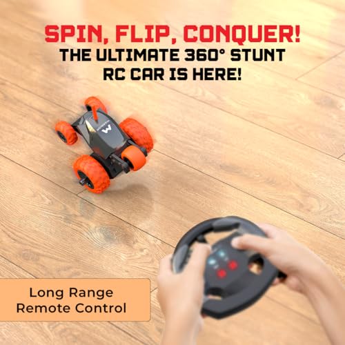 Image of Mirana Warrior 360 Rotating Stunt RC Car | High Speed Remote Control Vehicle | USB Type-C Rechargeable Toy for Kids for Boys and Girls | Made in India (Grey-Orange)