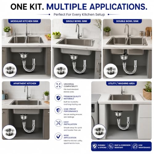 Image of ZAP NovaFlow 4 Inch Kitchen Sink Waste Coupling with Under Basket & Flexible Drain Hose | PVC Drain Kit with Stainless Steel Jali | Leak-Proof Sink Drain for Kitchen