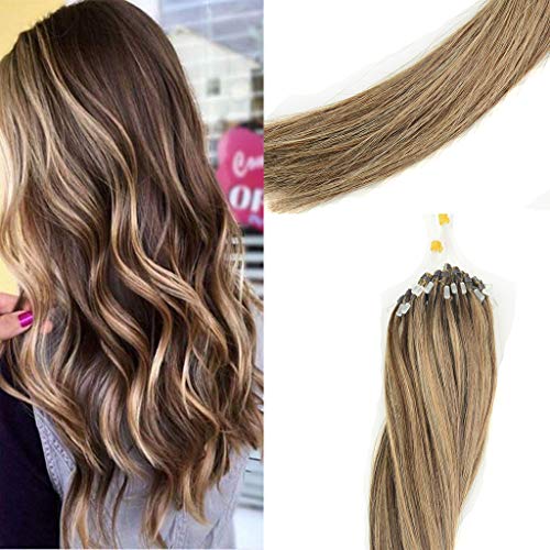 KOCONI 14inch Micro Ring Hair Extensions Brown Mixed with Blonde Remy Human Hair Extensions Silky Straight Micro Ring Loop Hair Extensions 50g 1g/s (14", P4-27)
