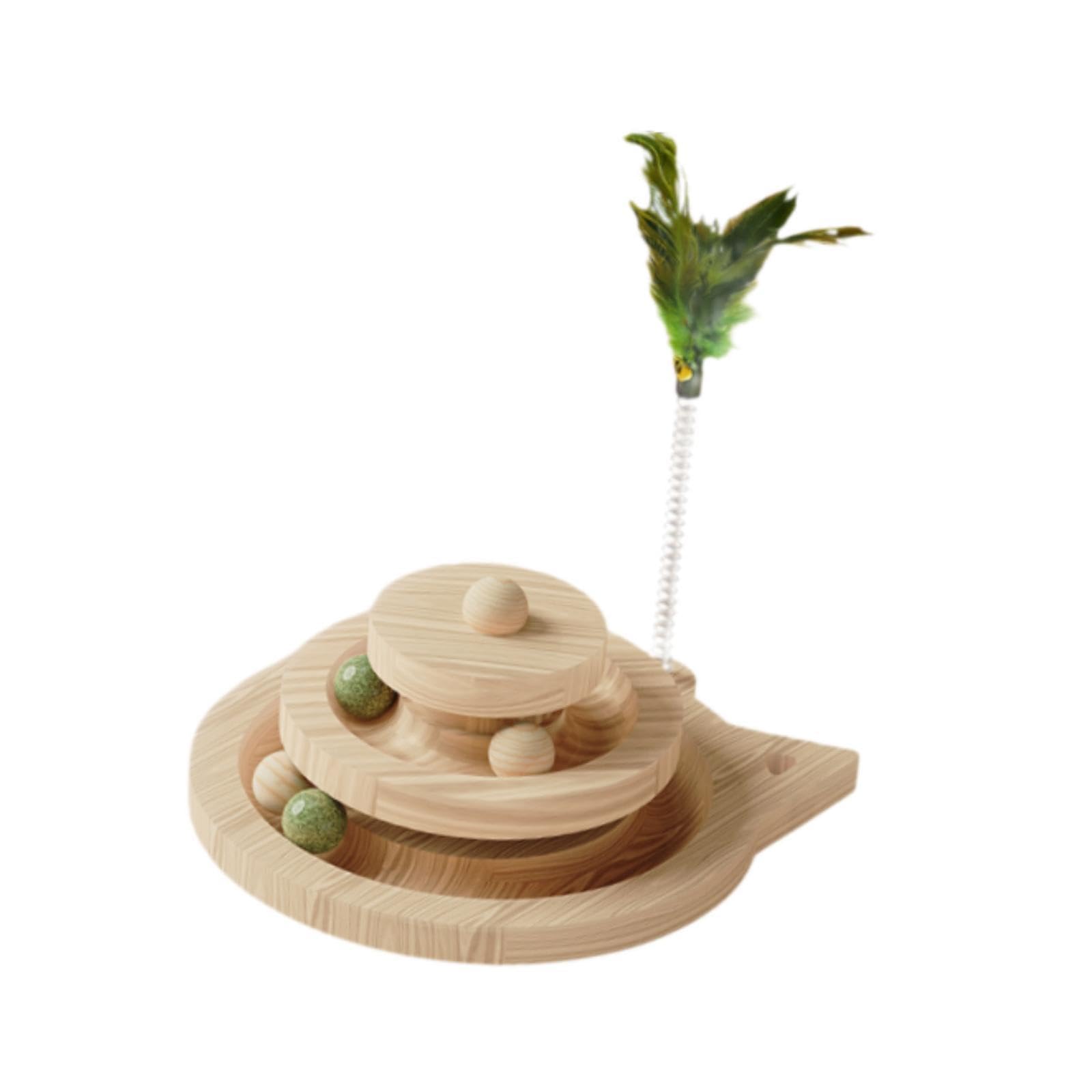 B Baosity Circuit de Balles pour Chat en Bois, 2 Niveaux avec Plumes, Jeu d'exercice Créatif, Jouet Interactif pour Chat.