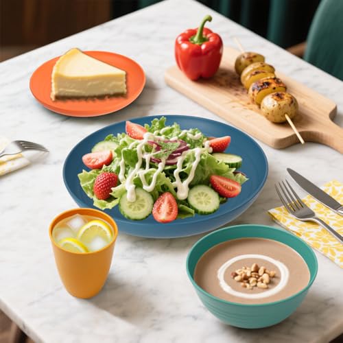 Image of Wheat Straw Dinnerware Sets, Plates and Bowls Sets Unbreakable & Microwave Safe - 32 Piece Service for 8 Dinner Plate Dessert Plate Cereal Bowl Cup for Kitchen & Outdoor - Multi
