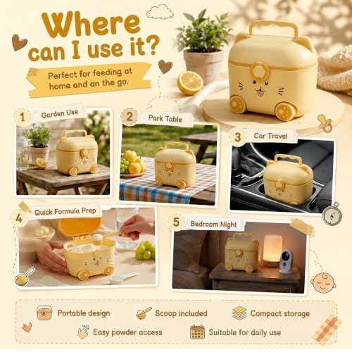 Image of Uonibaby by StarAndDaisy formula milk container for baby milk powder container with scoop , portable Formula Dispense, Airtight First Feed Baby food Storage container / Box for travel 200 grams- Kitty Yellow