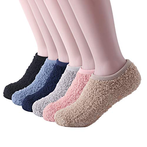 SKOLA 6 Cozy Winter Fuzzy Women Socks Grip Slippers Fluffy House Non Skid Spa Socks(Black/Blue/Navy/Gray/Pink/Khaki 6Pairs)