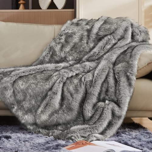 Touchat Luxury 1000GSM Faux Fur Throw Blanket, Super Heavy Thick Warm Cozy Blankets for Couch Bed Sofa, Plush Fuzzy Elegant Soft Reversible Mink Blanket for Living Room Bedroom, Twin Size, Grey&White