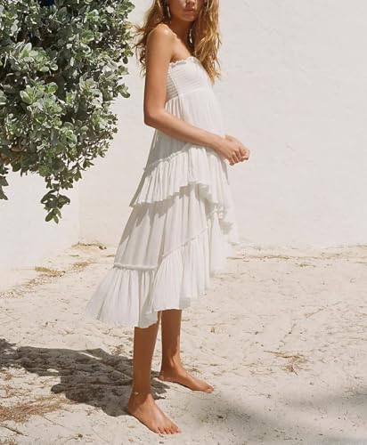 chouyatou Women's Boho Convertible Tube Top Skirt Dress Smocked Asymmetrical Swing Maxi Skirt Ruffle Long Sundress4