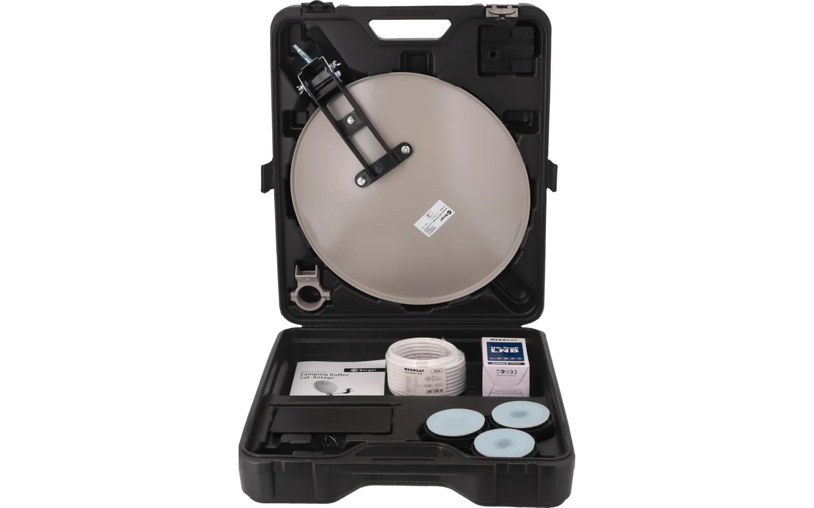 BERGER - Sistema De Satélite Móvil - Antena Parabólica Pequeña con LNB Único - Parabólicas Kit Completo En Maletín De Camping, Kit parabólica 60 cm, Soporte y LNB Universal