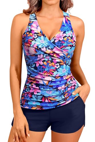 Image of Women Tankini Swimsuits with Shorts - Two Piece Tummy Control Bathing Suits Top with Two Pockets Bottom Swimwear