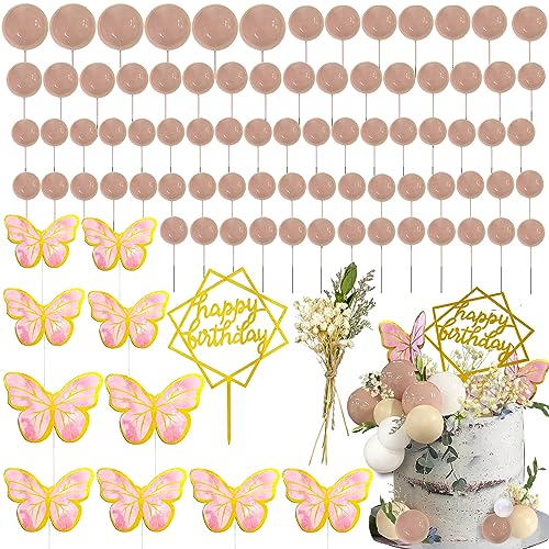 90 Pcs Balls Cake Topper Cake Balls Ball Cake Topper 3D Butterfly Cake Toppers Artificial Dried Flowers For Baby Shower Wedding Anniversary Birthday Party Supplies (Light Brown) #TOP24