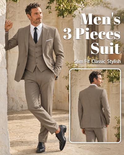 Image of MY'S Men's 3 Piece Suit Set with Tie, One Button Slim Fit Solid Jacket Vest Pants, Prom Party Wedding Business Suits for Men