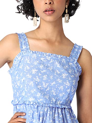 Image of FabAlley Women's Cotton Blue Floral Strappy Back Tie Dress Mini