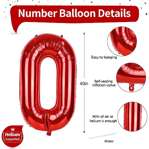 Image of Red Large Number Balloons, 40 Inch Foil 0-9 Set Number Balloon for Girls Boys Age Birthday Party, Self Inflating Number Balloons Baby Shower Anniversary Christmas Party Decoration Women Men Supplies