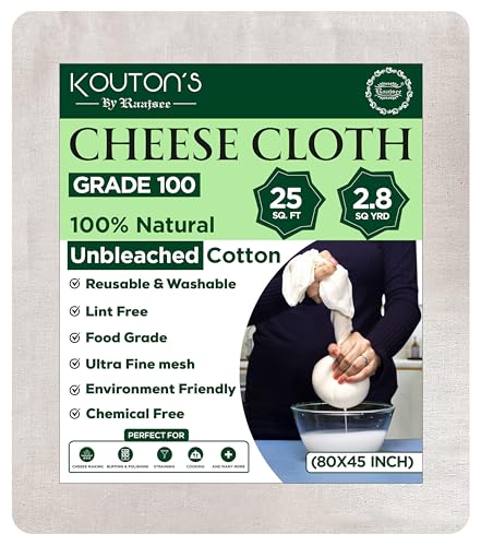 Raajsee Cheese Cloths Grade 100, 24 Sq Feet - 2.8 Sq Yards Unbleached 100% Organic Cotton Fabric - Reusable Ultra Fine Mesh Muslin Cloth - Cheesecloth For Straining Cooking,Baking,Cheese Making