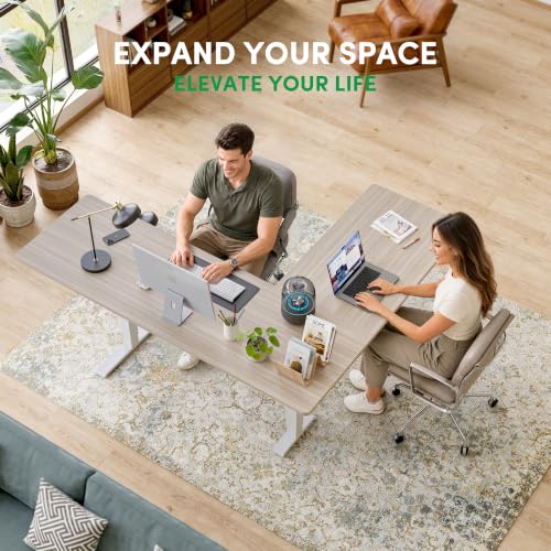Image of FEZIBO 75 inch x 63 inchL Shaped Standing Desk Adjustable Height, Electric Stand up Corner Computer Desk, Sit Stand Home Office Desk with Splice Board, Light Walnut