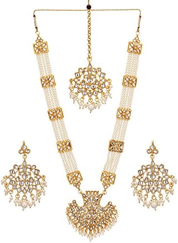 Jwellmart Women's Diva Collection White Kundan Stone Faux Pearl Rani Haar Necklace Earrings Set