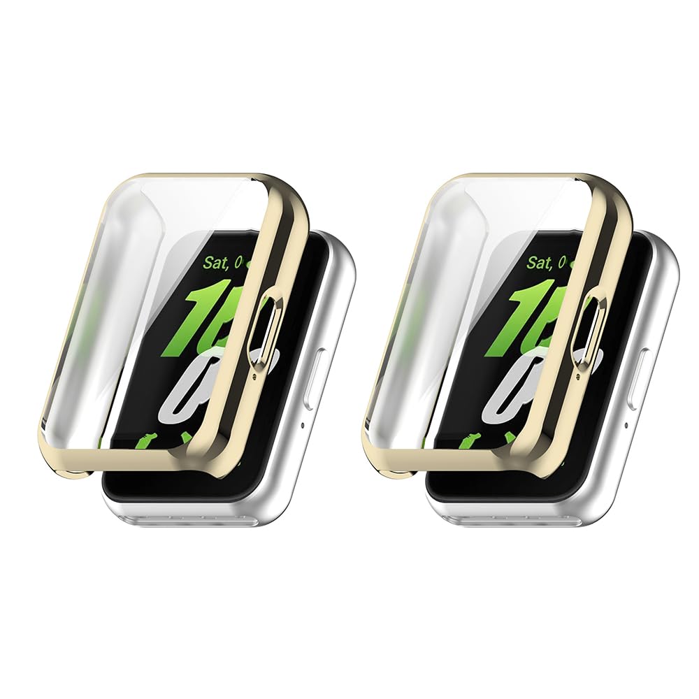 QINOUK Case for Samsung Galaxy Fit 3 with Built in Screen Protector, [2-Pack] [Anti-Scratch] Electroplated Soft TPU Thin Cover for Samsung Galaxy Fit 3-Gold