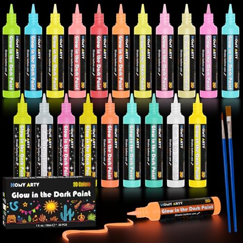 HOMY ARTY Glow in the Dark Fabric Paint - 20 Colors (1 fl.oz. Each) 3D Long-Lasting, Luminous Glow Acrylic Paint for T-Shirt, Canvas, Art Supplies, DIY Decoration