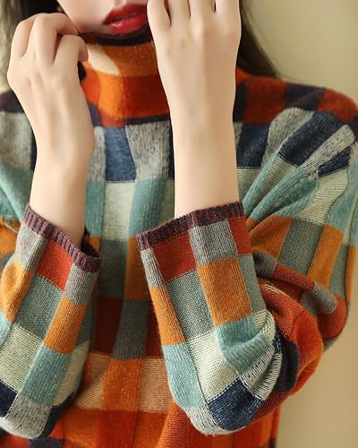 Image of CORIRESHA Women's Multicolor Checkered Turtleneck Long Sleeves Knit Casual Cozy Lazy Color Block Sweater