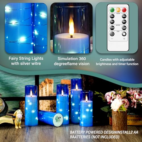 Image of kakoya Flameless LED Candles with Timer 5 Pc Flickering Flameless Candles for Romantic Ambiance and Home Decoration Stable Acrylic Shell,with Embedded Star String,Battery Operated Candles(Blue)