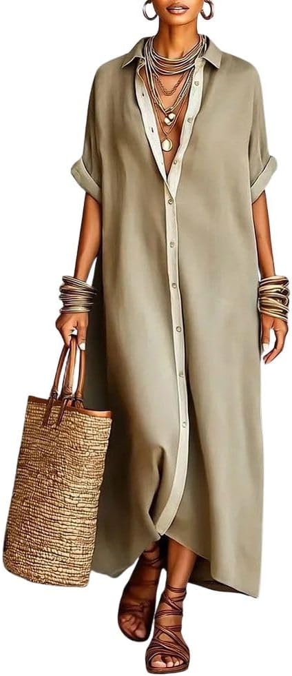 chouyatou Women's Contrast Color Button Down Shirt Dress Short Sleeve Cotton Linen Casual Loose Beach Long Maxi Dress