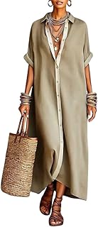 chouyatou Women's Contrast Color Button Down Shirt Dress Short Sleeve Cotton Linen Casual Loose Beach Long Maxi Dress