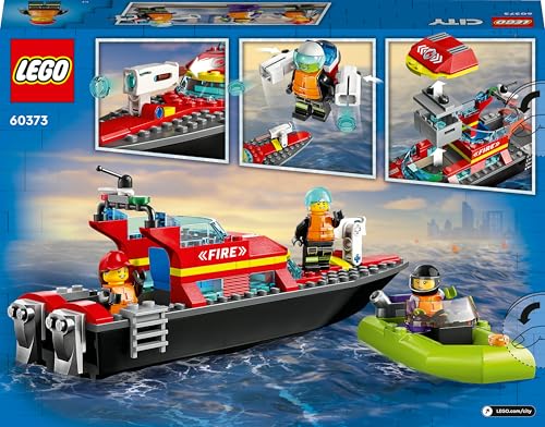 LEGO 60373 City Feuerwehrboot, Spielzeug, das im Wasser schwimmt, mit Rennboot, 3 Minifiguren und Jetpack, Feuerwehr-Boot-Spielzeug Geschenkidee für Jungen und Mädchen ab 5 Jahren