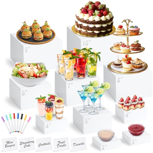 10 Pcs White Acrylic Buffet Risers with Mini Sign and Marker Food Display Stands for Buffet Table Party Catering Dessert Jewelry Collectibles Acrylic Cube Nesting Boxes with Hollow Bottoms 8 Sizes (10 9 8 7 6 5 4 4 3 3)