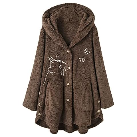 Generic Damen-Kapuzenpullover mit Katzenstickerei, , lockerer Knopf, plus Größe, einfarbige Oberbekleidung Frack Damen Cover