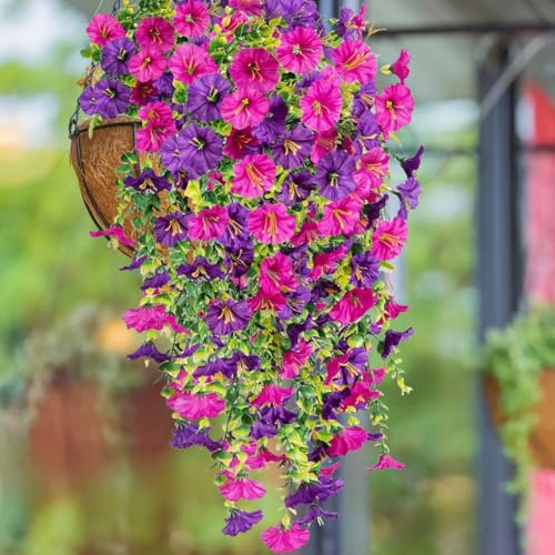 4 Pack Artificial Hanging Flowers, Fake Flower Morning Glory with Eucalyptus Leaves for Spring Summer Decoration, UV Resistant Look Real for Outdoor Home Indoor Planter Porch Patio image 6