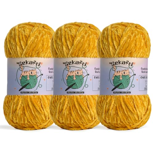 Image of 3 Pack of 300g (590yds) Fuzzy Chenille Yarn for Crocheting,Fluffy Amigurumi Crochet Yarn for DIY Craft /Hat /Clothes, Soft Velvet Baby Blanket Yarns(3 Turmeric)