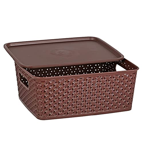 Image of SKI H5 Fashion Multipurpose Storage Basket With Lid Set 3 SIZE -36cm X 30cm X 14 cm (Large, Brown)