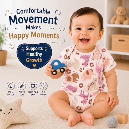 Image of First Kick BabySoft 100% Cotton Romper Set for Newborn Boys & Girls - Pack of 3 | Ultra Soft Breathable Half Sleeve Bodysuits