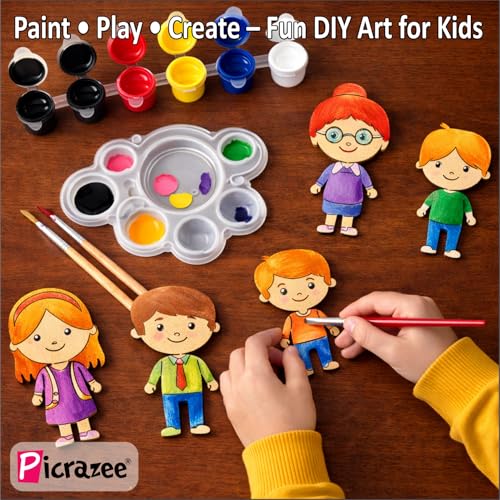 Image of PICRAZEE DIY Family Painting Kit for Kids | 6 Pine MDF Family Cutouts (Dada-Dadi, Mummy-Papa & 2 Kids) with Acrylic Colors, Brushes, Palette & Magnets | Wooden Art & Craft Creative Activity Toy