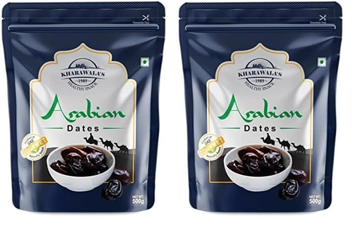 Image of KHARAWALA's ; HEALTHY SNACK Fresh Arabian Dates, Preservatives Free Khajoor, Rich In Iron & Literary Fiber, 500Gm (Pack of 2)