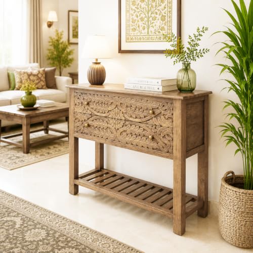 Image of The Attic Jodhpur Console Table, Light Teak FinishThe Attic Jodhpur Console Table, Table for Living Room Foyer, Solid Wood Classy Table, Light Teak Finish